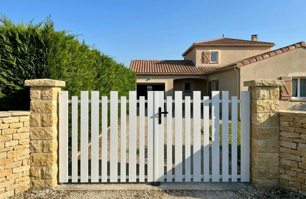 Portail battant blanc à lames verticales installé entre deux poteaux maçonnés avec des pierres
