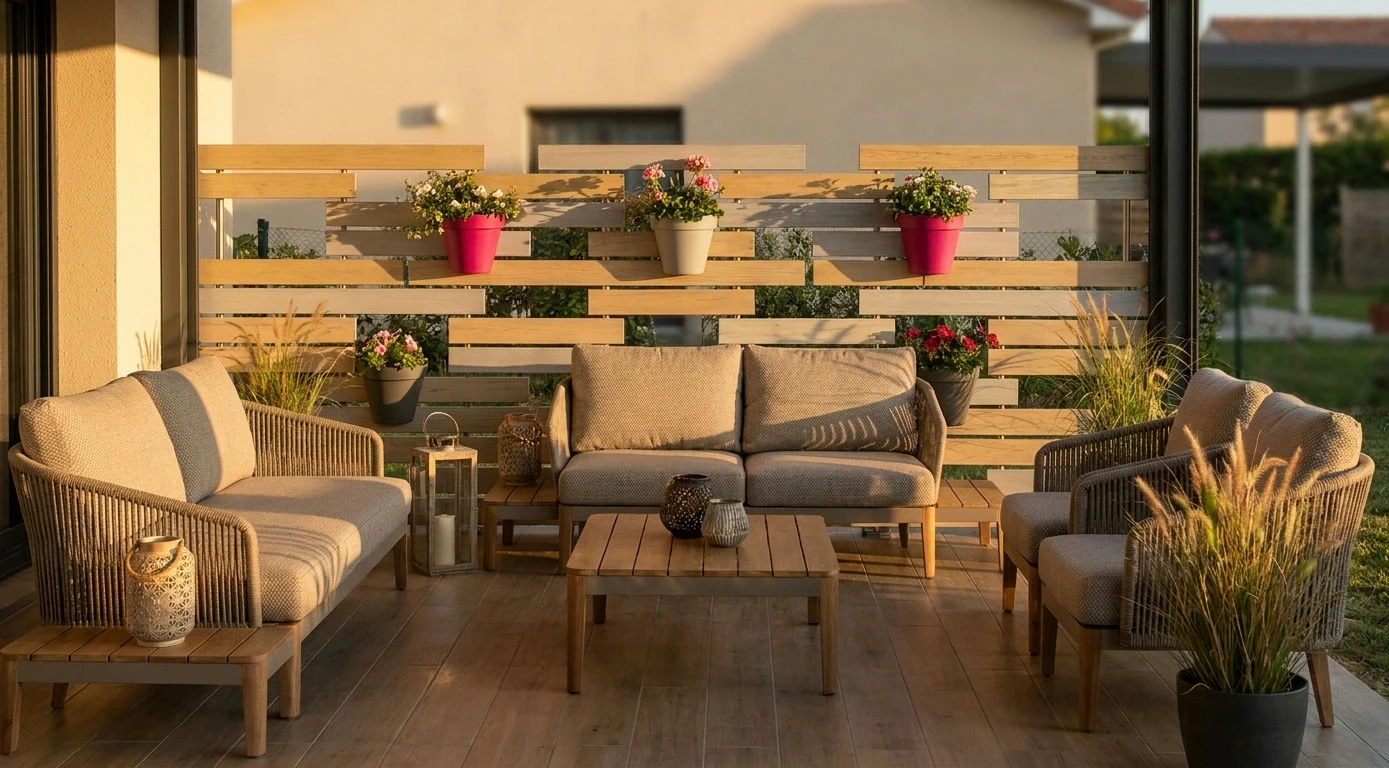 Clôture personnalisée avec des pots de fleurs intégrées à la clôture en guise de séparatif de terrasse