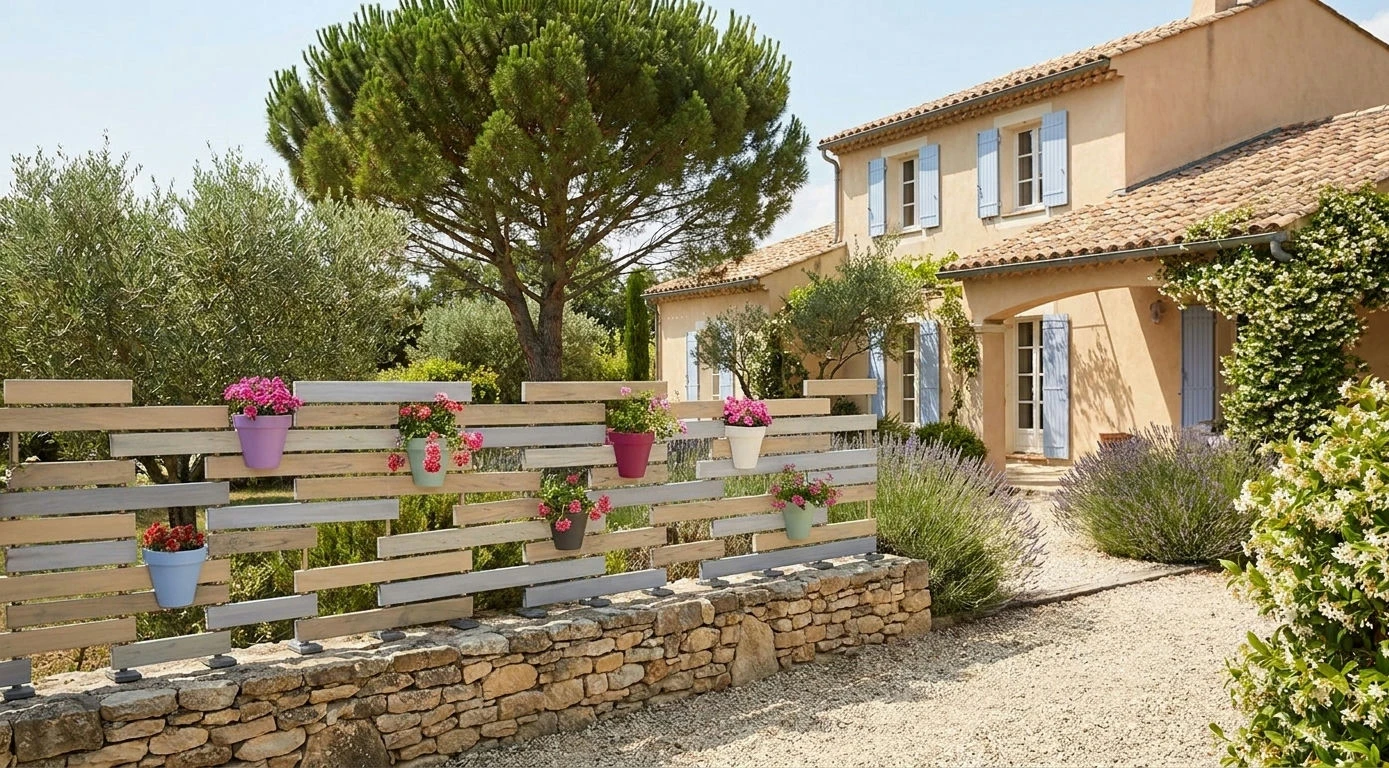 Clôture destructurée installée sur un muret en pierre dans le jardin d'un mas provencal