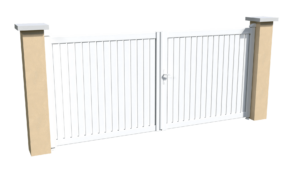 Portail battant motorisable en aluminium blanc ajouré avec une coupe droite pour chacune des lames verticales