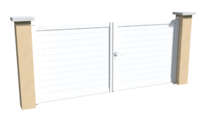 Portail battant motorisable en aluminum blanc ajouré avec un espacement entre chaque lames horizontales