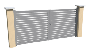 Portail battant motorisable en aluminum gris ajouré avec un espacement entre chaque lames horizontales
