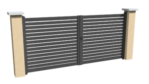 Portail battant motorisable en aluminum gris anthracite ajouré avec un espacement entre chaque lames horizontales