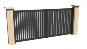Portail battant motorisable en aluminium gris anthracite ajouré avec une coupe droite pour chacune des lames verticales