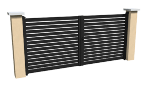 Portail battant motorisable en aluminum noir ajouré avec un espacement entre chaque lames horizontales