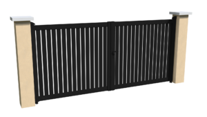 Portail battant motorisable en aluminium noir ajouré avec une coupe droite pour chacune des lames verticales