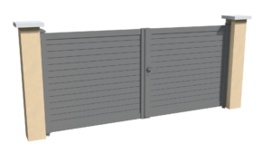 Portail battant motorisable en aluminium gris brise-vue au style persienne avec des lames biseautées