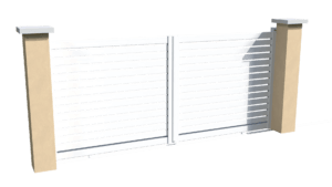 Portail coulissant motorisable en aluminum blanc ajouré avec un espacement entre chaque lames horizontales
