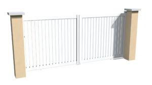 Portail coulissant motorisable en aluminium blanc ajouré avec une coupe droite pour chacune des lames verticales
