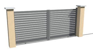 Portail coulissant motorisable en aluminum gris ajouré avec un espacement entre chaque lames horizontales