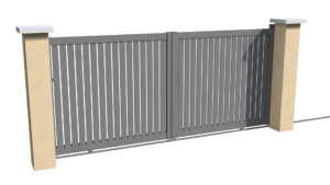 Portail coulissant motorisable en aluminium gris ajouré avec une coupe droite pour chacune des lames verticales