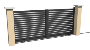 Portail coulissant motorisable en aluminum gris anthracite ajouré avec un espacement entre chaque lames horizontales