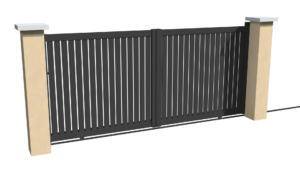Portail coulissant motorisable en aluminium gris anthracite ajouré avec une coupe droite pour chacune des lames verticales