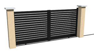 Portail coulissant motorisable en aluminum noir ajouré avec un espacement entre chaque lames horizontales