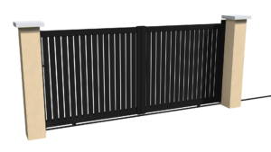 Portail coulissant motorisable en aluminium noir ajouré avec une coupe droite pour chacune des lames verticales