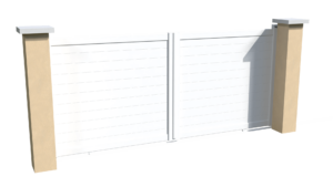 Portail coulissant motorisable en aluminium blanc brise-vue parfaitement occultant avec des lames imbriquées les unes aux autres