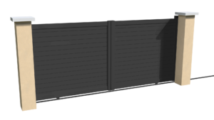 Portail coulissant motorisable en aluminium gris anthracite brise-vue au style persienne avec des lames biseautées