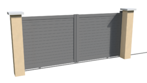 Portail coulissant motorisable en aluminium gris brise-vue au style persienne avec des lames biseautées