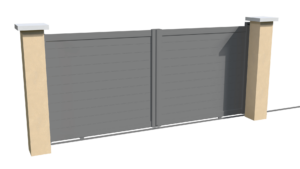 Portail coulissant motorisable en aluminium gris brise-vue parfaitement occultant avec des lames imbriquées les unes aux autres