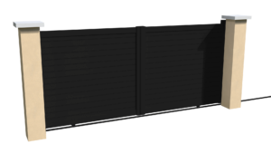 Portail coulissant motorisable en aluminium noir brise-vue au style persienne avec des lames biseautées