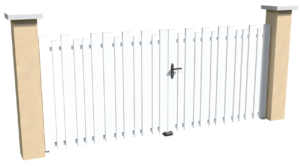 Portail battant motorisable en pvc blanc ajouré avec différentes largeurs de lames espacées de 30 à 50 mm