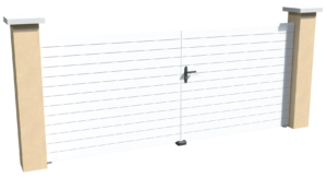 Portail battant motorisable en pvc blanc brise-vue au style persienne avec des lames biseautées