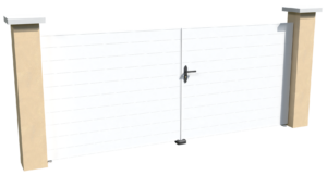 Portail battant motorisable en pvc blanc brise-vue parfaitement occultant avec des lames imbriquées les unes aux autres