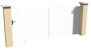 Portail coulissant motorisable en pvc blanc brise-vue parfaitement occultant avec des lames imbriquées les unes aux autres