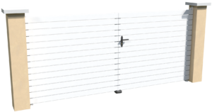 Portail battant motorisable en pvc blanc ajouré avec un espacement de 10 mm entre chaque lames horizontales