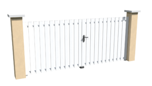 Portail battant motorisable en pvc blanc ajouré avec une coupe droite pour chacune des lames verticales