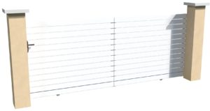 Portail coulissant motorisable en pvc blanc ajouré avec un espacement de 10 mm entre chaque lames horizontales