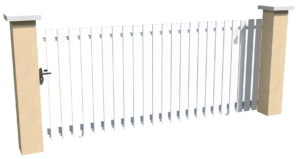 Portail coulissant motorisable en pvc blanc ajouré avec une coupe droite pour chacune des lames verticales