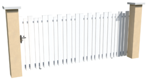 Portail coulissant motorisable en pvc blanc ajouré avec une coupe creusée pour chacune des lames verticales