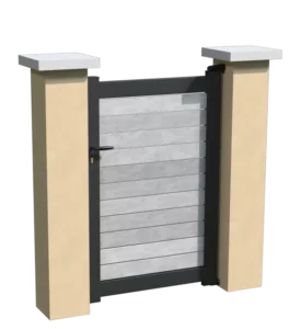 Portillon en aluminium ajouré avec un espacement de 10 mm entre chaque lames pvc horizontales grises