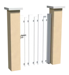 Portillon en pvc blanc ajouré avec différentes hauteurs et largeurs de lames