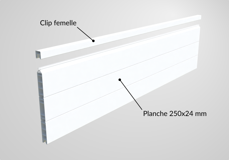 Schéma de montage du clip femelle pour planche PVC 250x24 mm